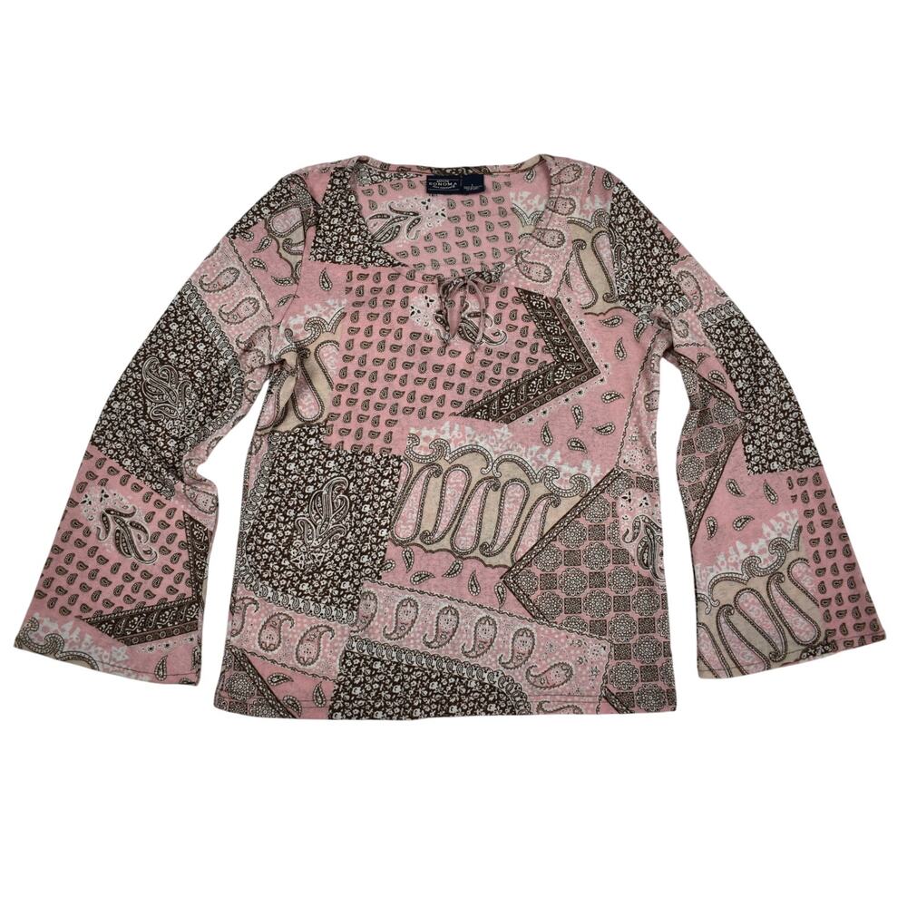 Y2K Paisley Patchwork Top Junior's Large Pink Brown Shirt Boho Western Cowgirl